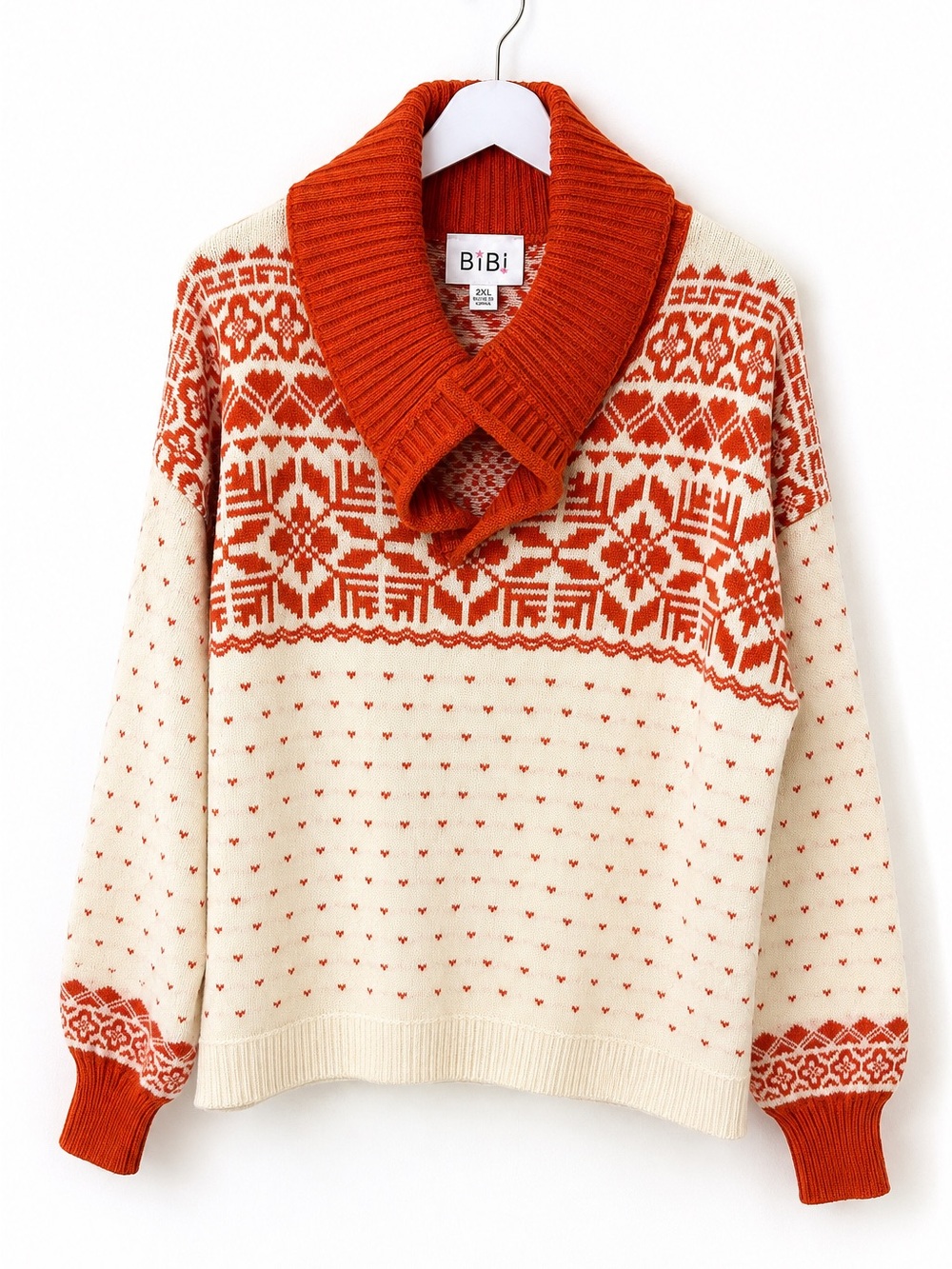 BiBi 2XL Cream Orange Fair Isle Oversized Collar Sweater